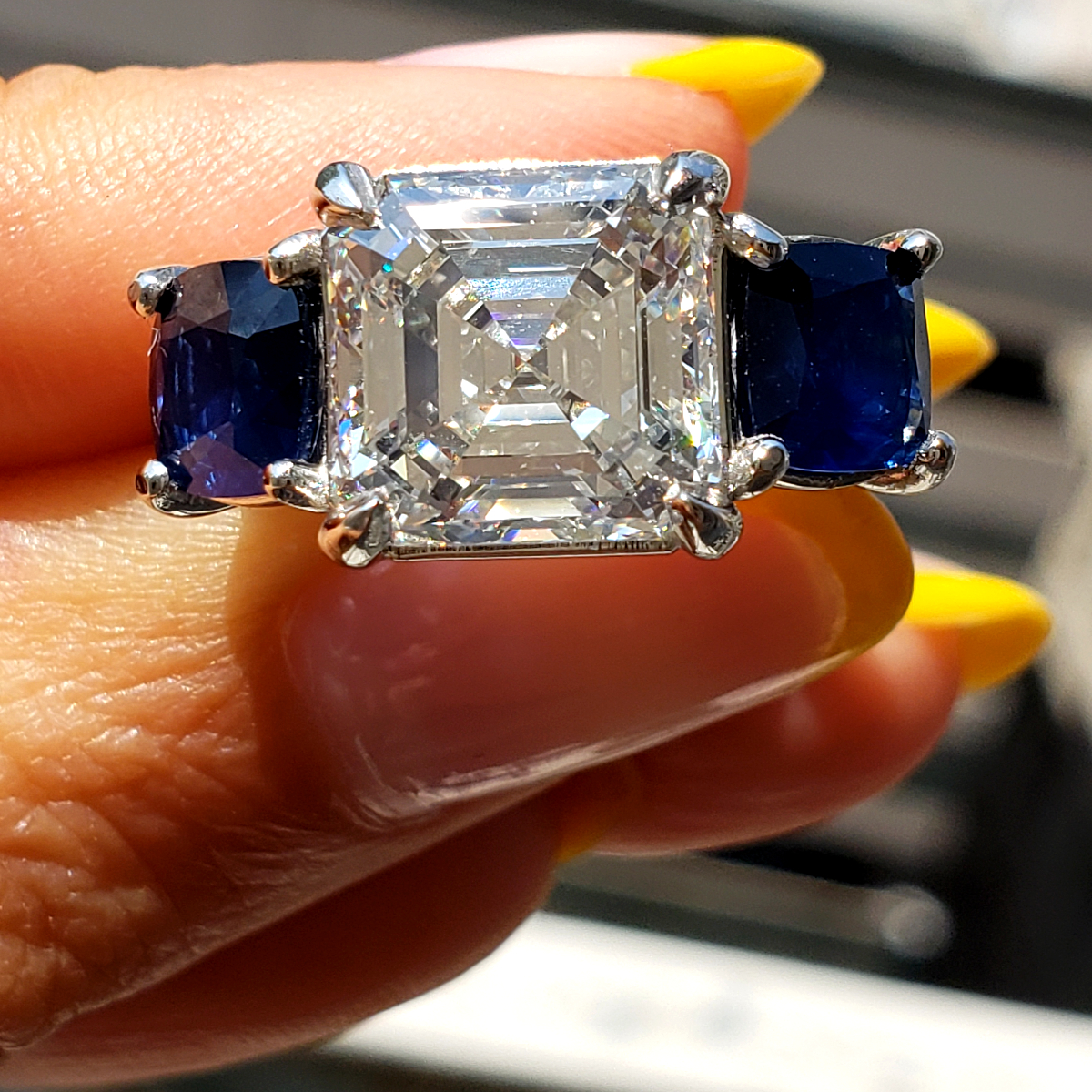 Asscher Cut Diamond Ring with Sapphire Side Stones